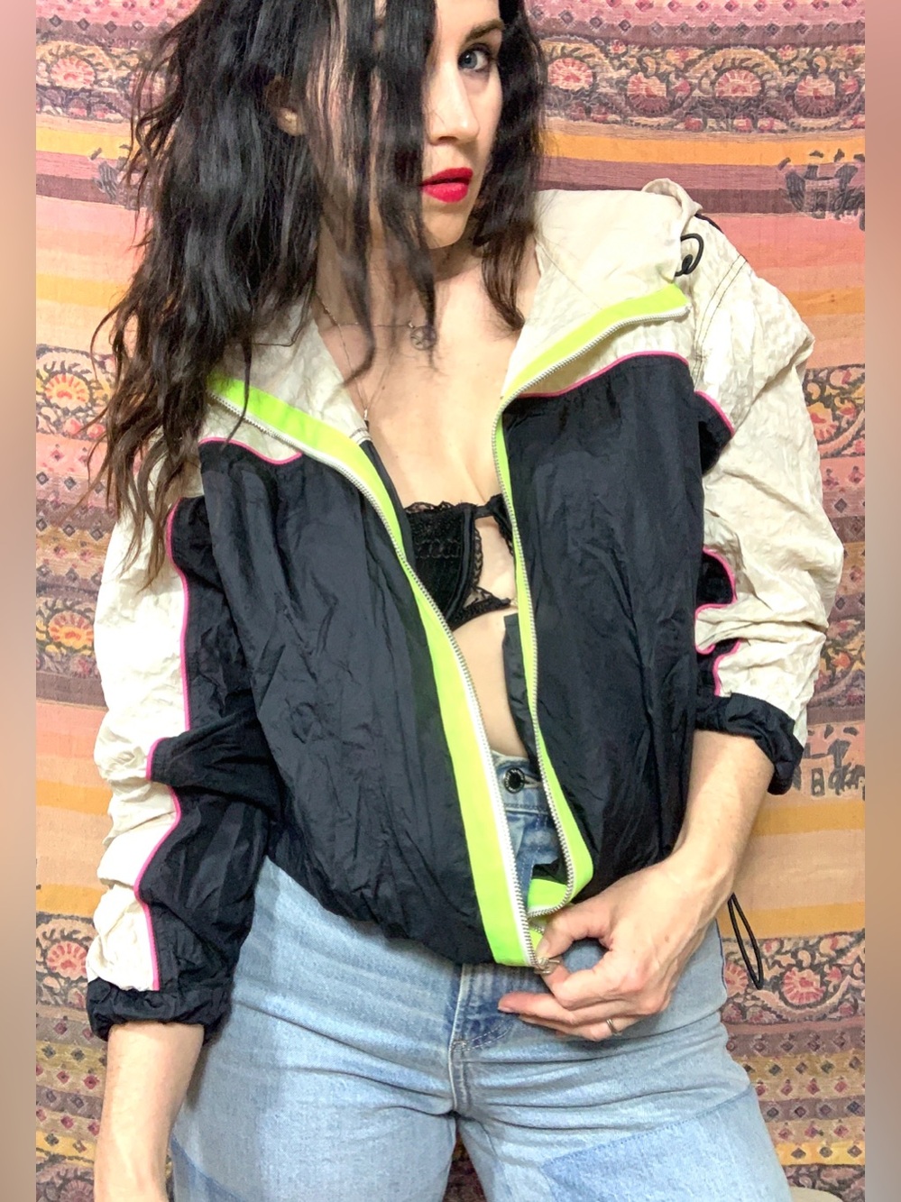 Guess Colorblock Bomber Jacket in Black, Cream & Neon Trim